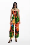 Desigual Tropical Print Halter Cover-up Jumpsuit In Black