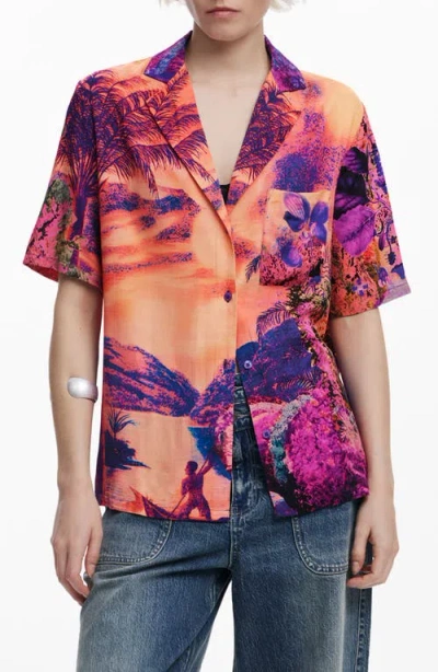 Desigual Tropical Print Camp Shirt In Dark Pink