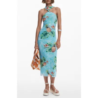 Desigual Tropical Print Knot Detail Midi Cover-up Dress In Light Turquoise