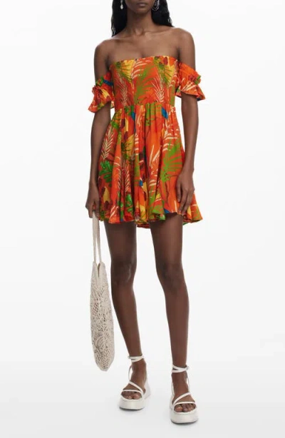 Desigual Tropical Print Off The Shoulder Cover-up Minidress In Orange