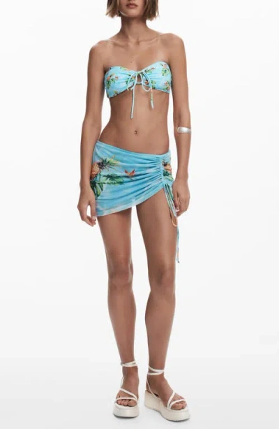Desigual Tropical Print Ruched Cover-up Miniskirt In Light Turquoise