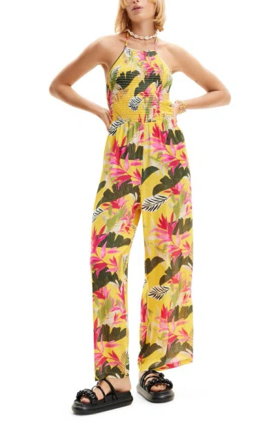 Desigual Tropical Print Smocked Wide Leg Cover-up Jumpsuit In Yellow