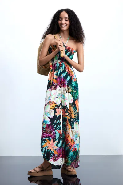 Desigual Tropical Printed Jumpsuit In Black