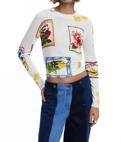 Desigual Tropical Stamps Sweater - Petite In White/multi