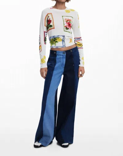 Desigual Tropical Stamps Sweater In White/multi In Blue