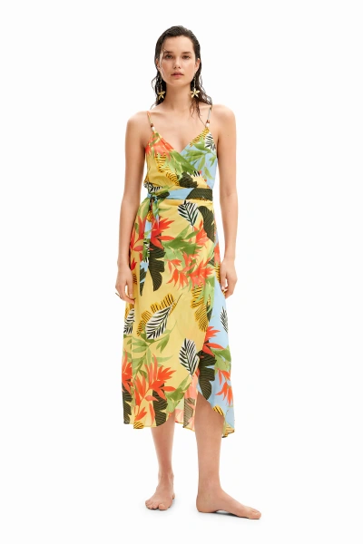 Desigual Tropical Wrap Midi Dress In Material Finishes
