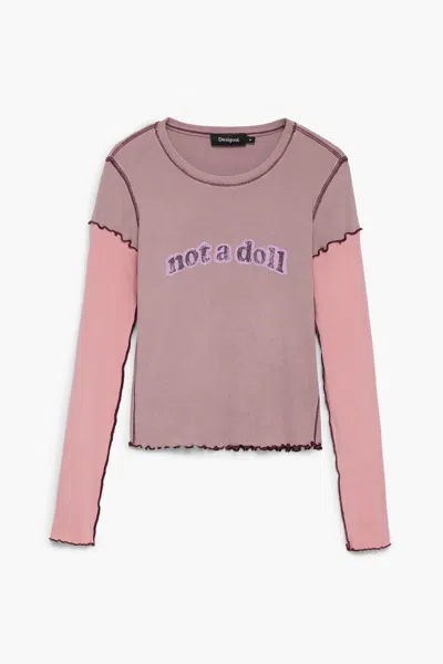 Desigual Not A Doll Graphic Long Sleeve Stretch Cotton Top In Pink