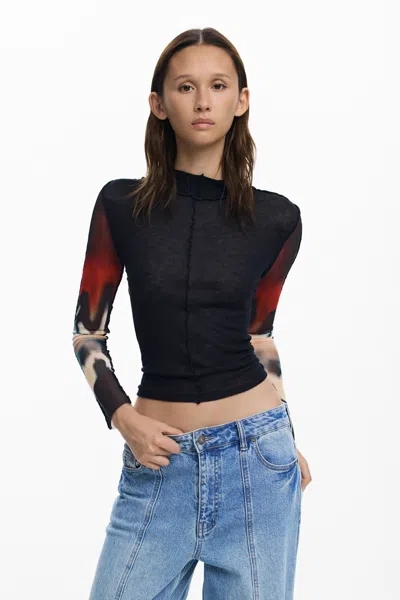 Desigual T-shirt With Transparent Sleeves In Black