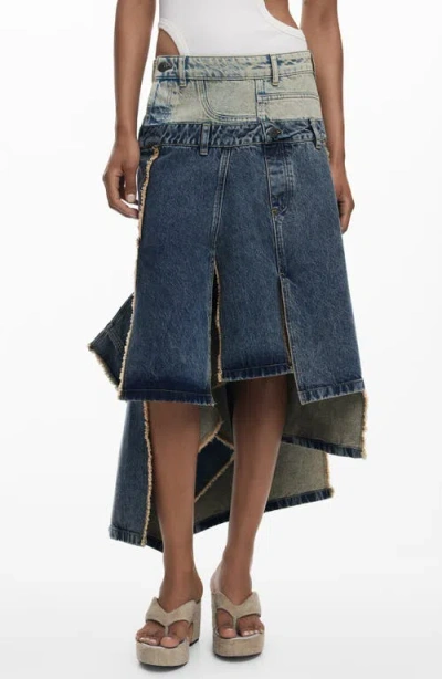 Desigual Two Tone Ruffle Denim Skirt In Blue