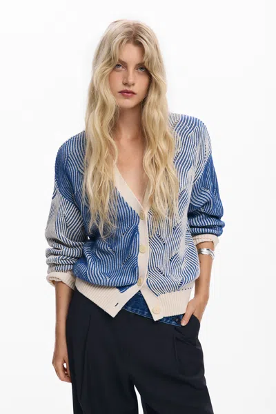 Desigual Two-tone Knit Cardigan In Blue