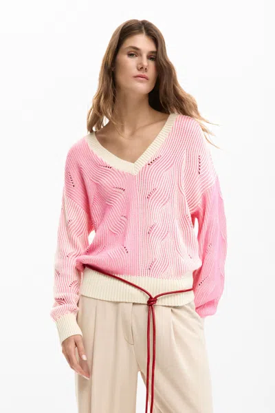 Desigual Two-tone Knitted Sweater In Pink