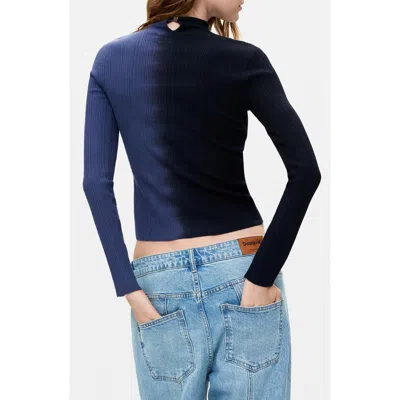 Desigual Two-tone Ribbed Mock Neck Pullover Sweater In Blue