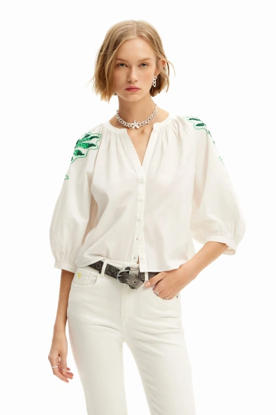 Desigual V-neck Embroidered Blouse In White