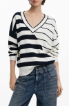 Desigual Variegated Stripe V-neck Sweater In White