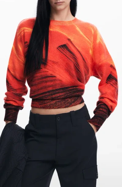 Desigual Vaughn Abstract Print Crewneck Sweater In Orange