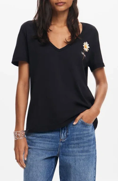 Desigual Vini Floral Cotton Graphic T-shirt In Black