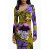 Desigual Floral Print Long Sleeve Midi Dress In Multi