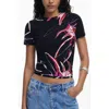 Desigual Floral Rib T-shirt In Black