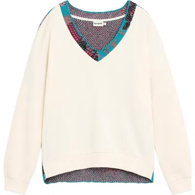 Desigual V-neck Cotton Sweater In Off White
