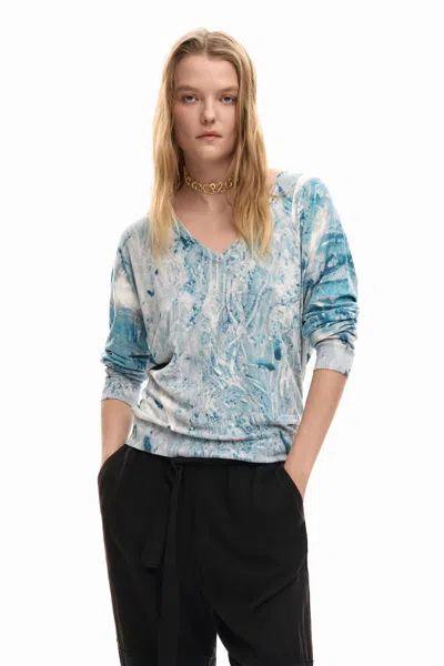 Desigual V-neck Sweater With Abstract Print In Blue
