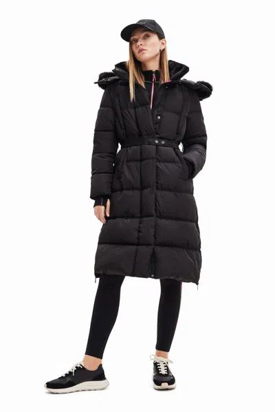 Pre-owned Desigual Warm Padded Surrey Winter Coat Belted Puffer 23wwewaz In Black