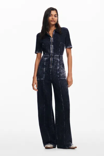 Desigual Washed-effect Denim Jumpsuit In Blue