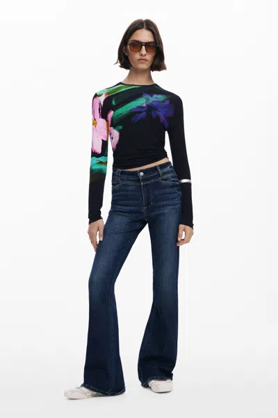 Desigual Washed Flared Jeans In Blue