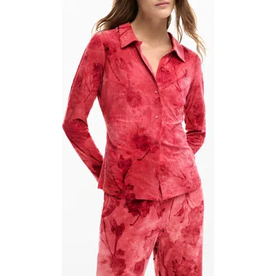 Desigual Washed Floral Button-up Top In Red
