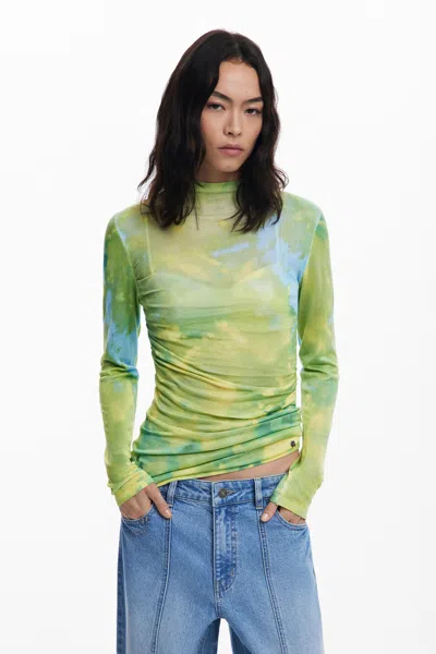Desigual Watercolor Draped Fine Sweater In Green