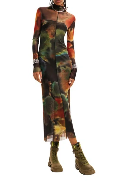 Desigual Watercolor Long Sleeve Tulle Midi Dress In Brown