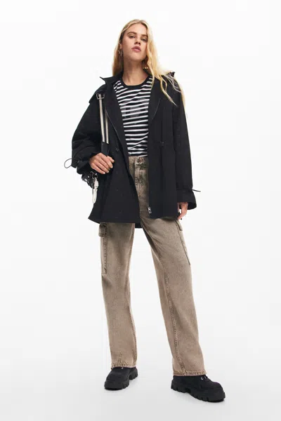 Desigual Waterproof Parka With Hood In Black