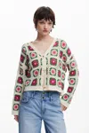 Desigual Cotton Blend Crochet Cardigan In White