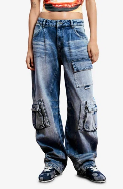 Desigual Wide Leg Cargo Jeans In Blue