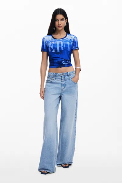 Desigual Wide Leg Jeans With V Waist In Blue