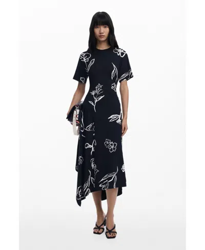 Desigual Women's Asymmetric Dress With Floral Strokes In Black