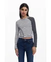 Desigual Rib Mixed Stripe Long Sleeve T-shirt In White