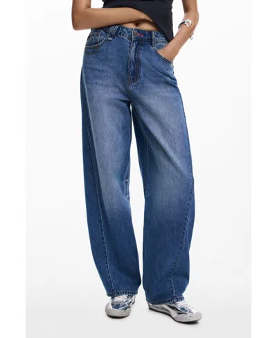 Desigual Hight Waist Barrel Legs Jeans In Blue