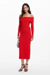 Desigual Off-shoulder Ribbed Midi Dress In Red