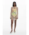 Desigual Beaded Long Sleeve Cotton Blend Crochet Cover-up Dress In Light Beige