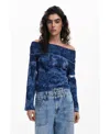 Desigual Off The Shoulder Sweater In Blue