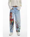 Desigual Artist Print Boyfriend Barrel Jeans In Medium Blue