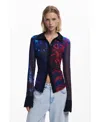 Desigual Rib Trim Mesh Button-up Shirt In Black