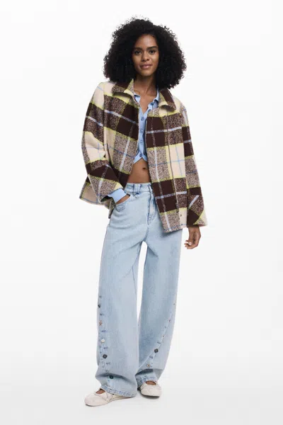 Desigual Women's Checked Short Double-breasted Coat In Brown