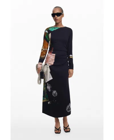 Desigual Mix Print Long Sleeve Midi Dress In Black