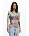 Desigual Pieced Print Long Sleeve T-shirt In Blue