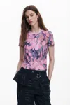 Desigual Floral Embellished Lace Inset Cotton T-shirt In Pink