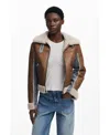 Desigual Mixed Media Faux Leather Jacket With Faux Shearling Trim In Brown