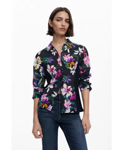 Desigual Floral Button-up Shirt In Black