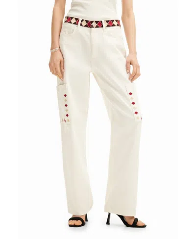Desigual Women's Cropped Denim Pants With Diamond-shaped Edges. In Sand