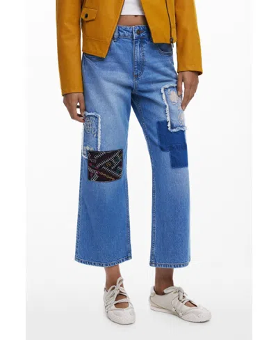 DESIGUAL WOMEN'S CROPPED JEANS WITH PATCHES